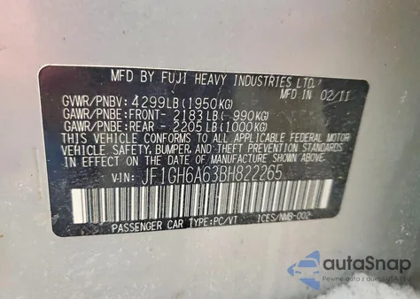 2011 Subaru Impreza 2.5I from USA, damaged, VIN JF1GH6A63BH822265